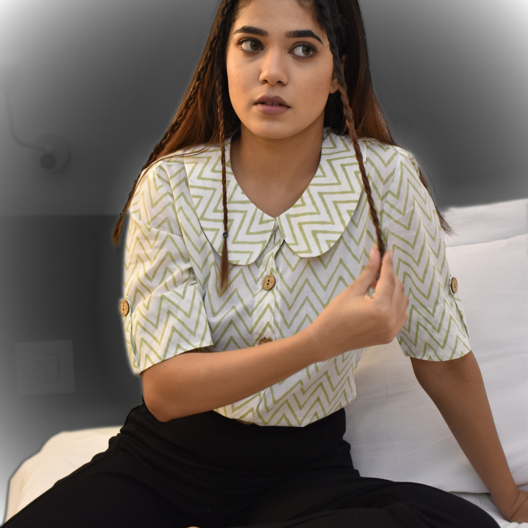 Green chevron cotton shirt top