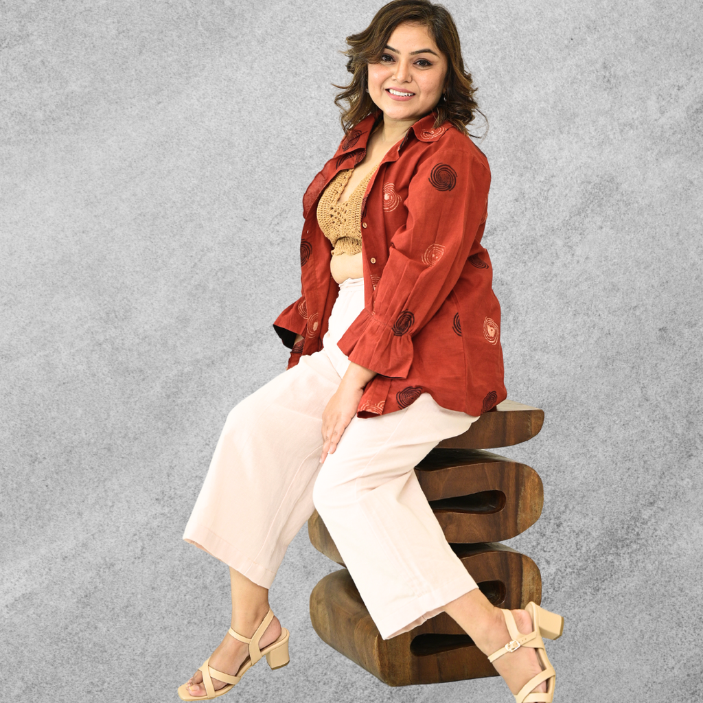 Radiating Red ruffle cotton shirt