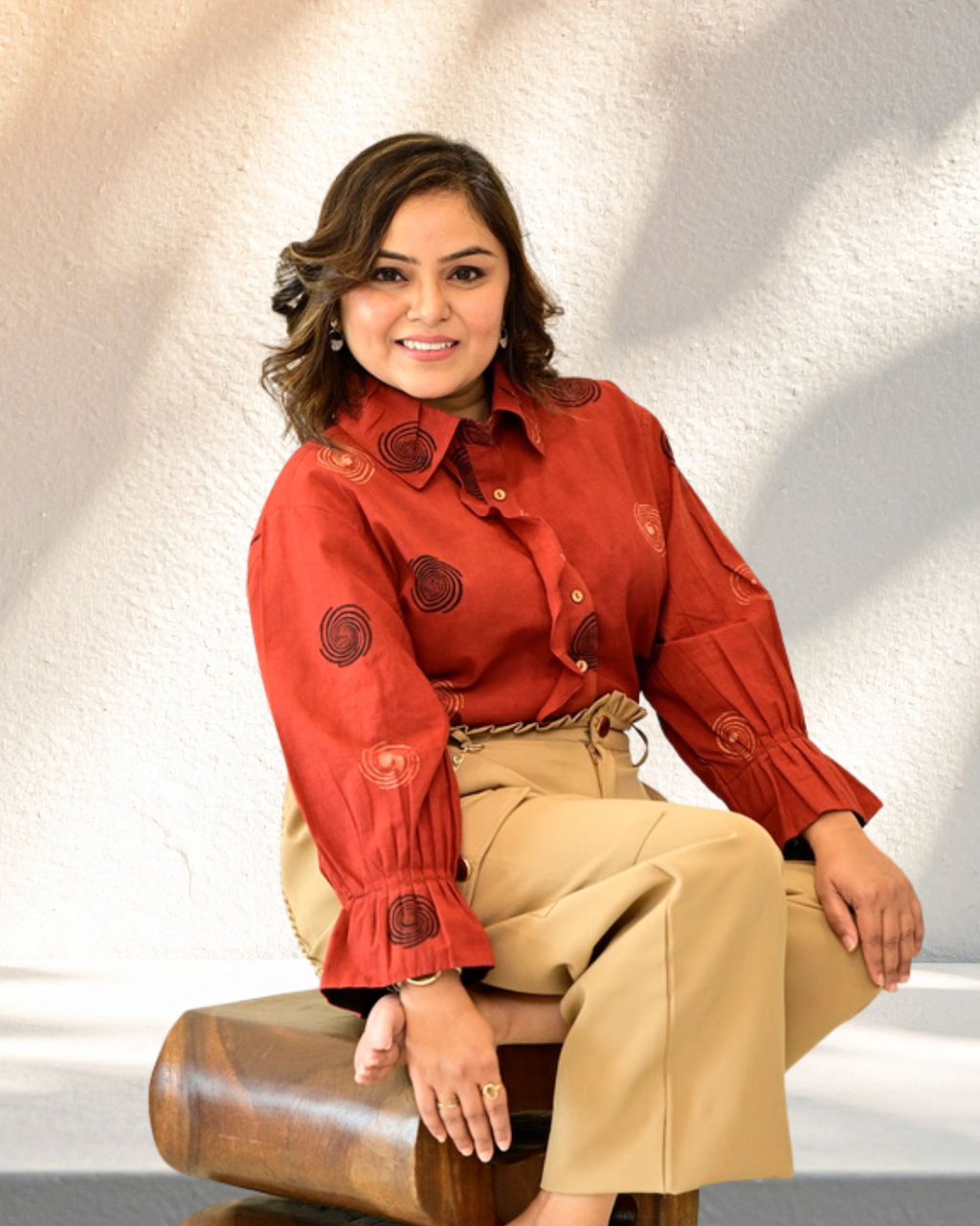 Radiating Red ruffle cotton shirt